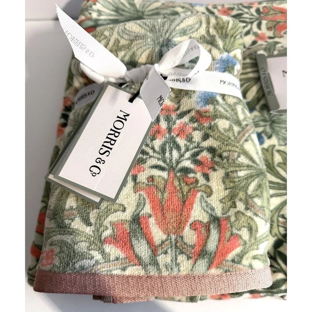 Morris & Co Woodland Weeds 2 Bath and 2 Hand Towels Plush Green Peach Set of 4